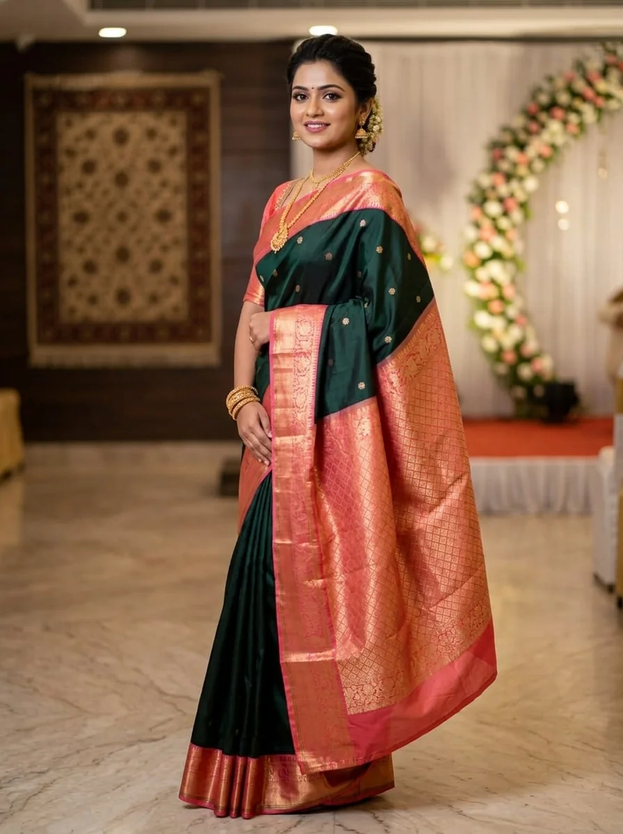 Bottle Green & Peach-Pink Gadwal Silk Saree